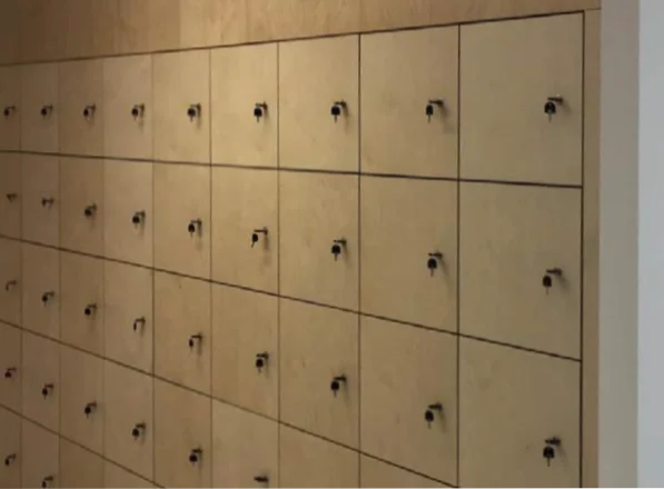 A full wall of lockable storage lockers